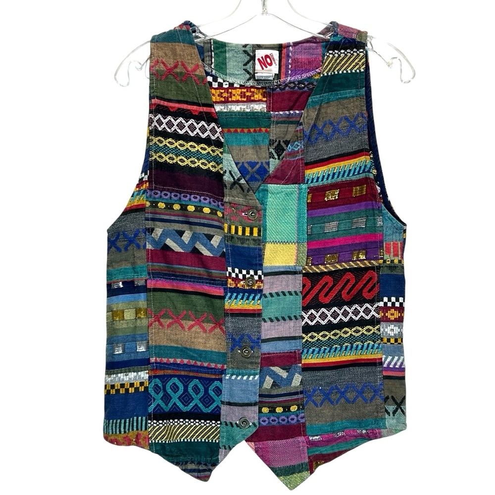 No Boundaries Multicolored Cotton Patchwork Vest, Adjustable Back Strap - Medium
